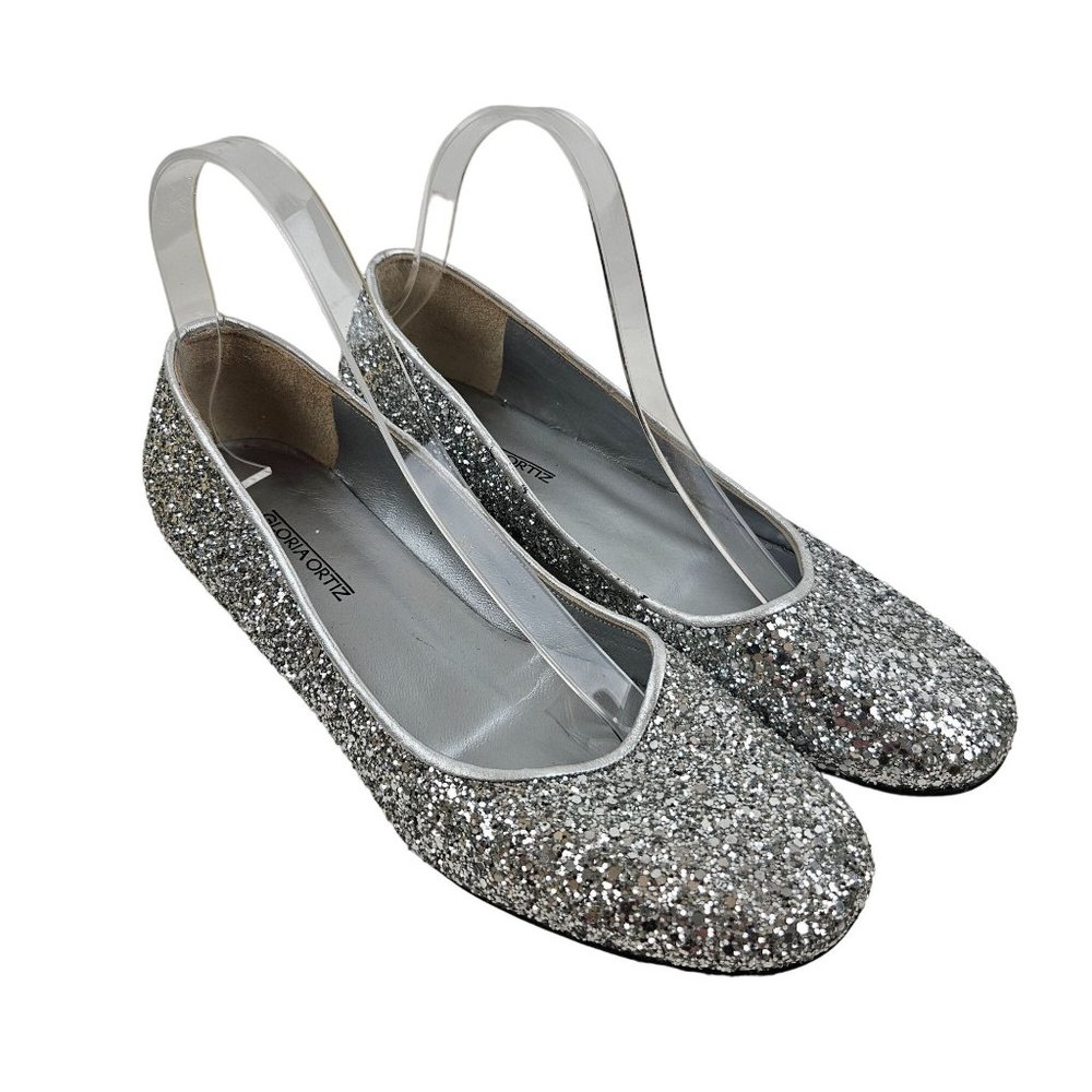 Gloria Ortiz Shoes Womens 38 Silver Glitter Low Heel Dressy Special Occasion